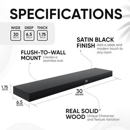 Homeforia Black Floating Shelves 30 inches Long, High End Solid Real Wood 30 inch Floating Shelf