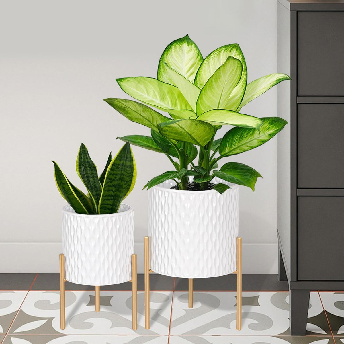 ARNIS Plants Pots with Stand, Set of 2 P lanters, Unique Mid Century Decorative Metal Flower Pots