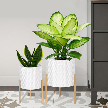 ARNIS Plants Pots with Stand, Set of 2 P lanters, Unique Mid Century Decorative Metal Flower Pots