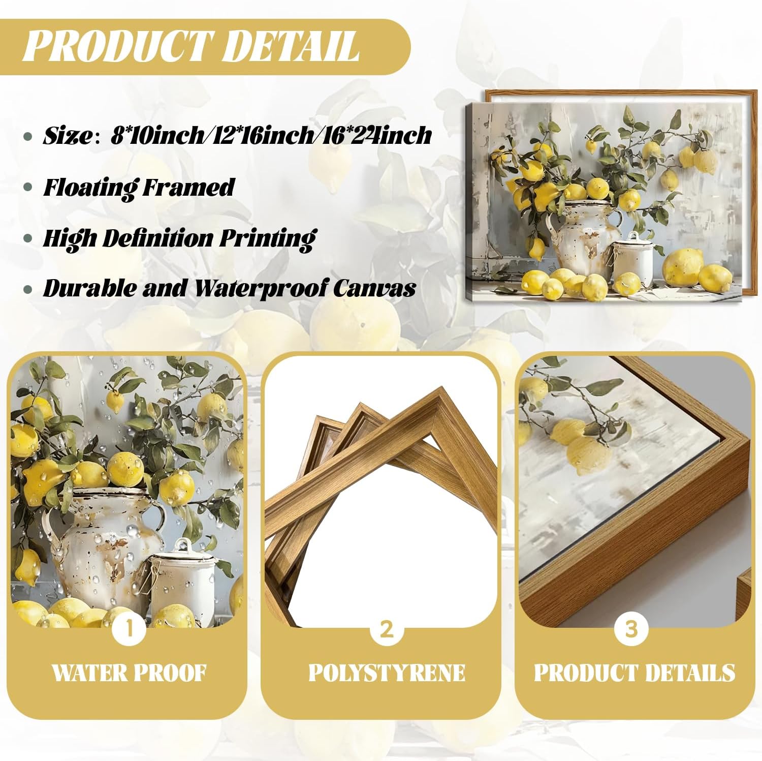Framed Lemon Kitchen Wall Decor for Dining Room - Vintage Mustard French's Yellow Lemon Kitchen