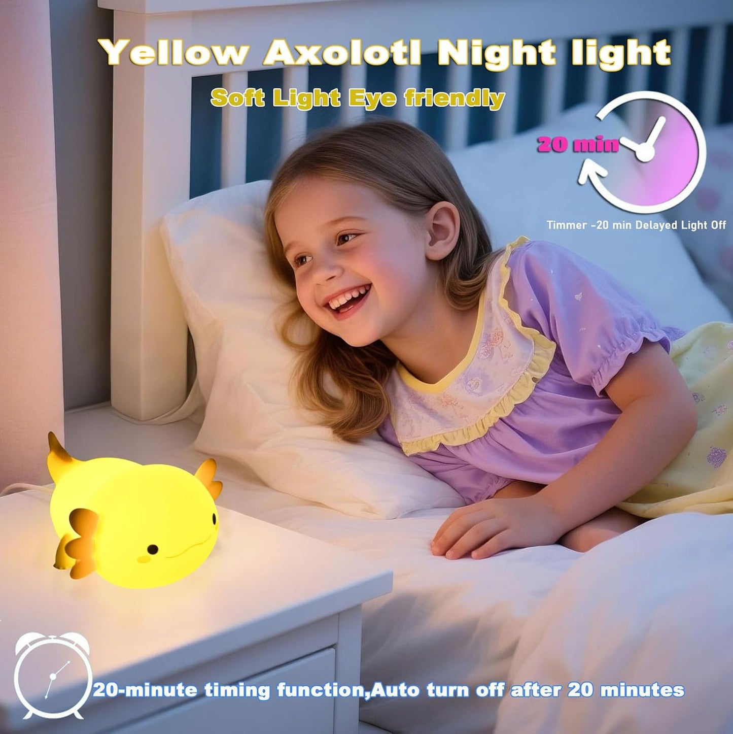 HAPPYBAG Axolotl Night Light,Cute Axolotl lamp Gifts for Kids,Dimmable Silicone Animal Nursery
