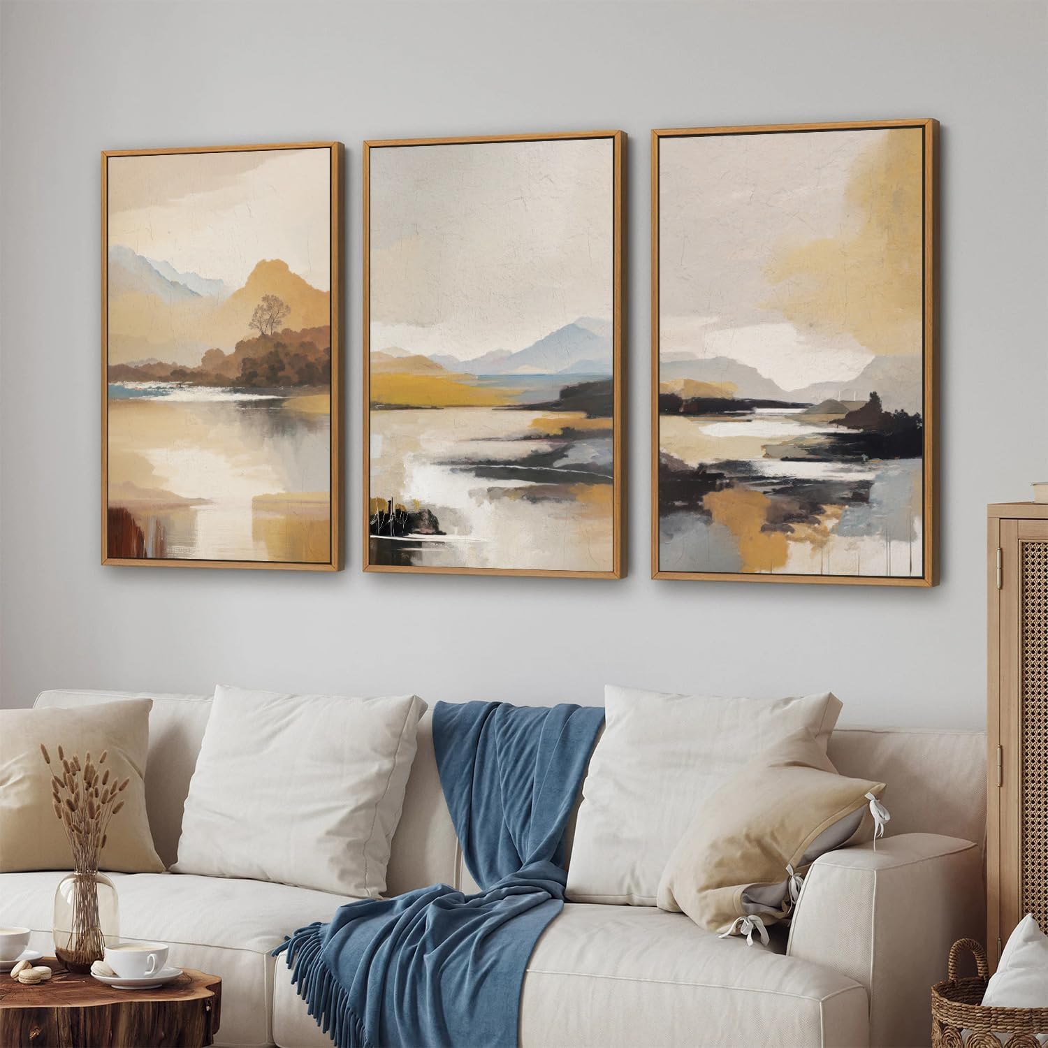Tinonedraw Beige Mountain Landscape Framed Canvas Wall Art, Abstract Mid Century Modern Wall Decor
