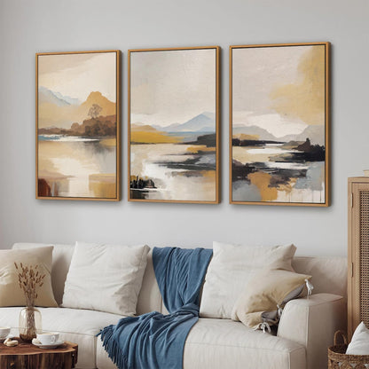 Tinonedraw Beige Mountain Landscape Framed Canvas Wall Art, Abstract Mid Century Modern Wall Decor