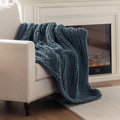 Chunky Knit Blanket Throw, 100% Hand Knit Throw Blanket Handmade Chenille Cable Knit Throw for