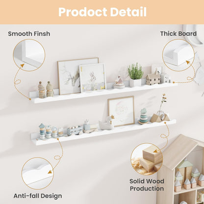 Fun Memories Picture Ledge Shelf for Wall, 48 inch Pine Wood Nursery Book Shelves Set of 2- Wall