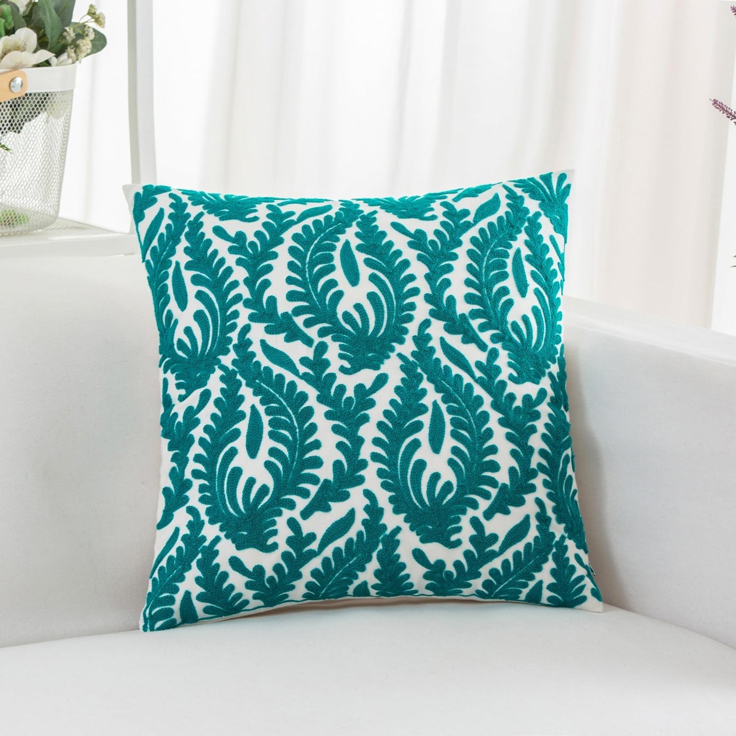 HWY 50 Teal Decorative Throw Pillow Covers 18x18 Inch (1 Piece), Embroidered Cotton Farmhouse