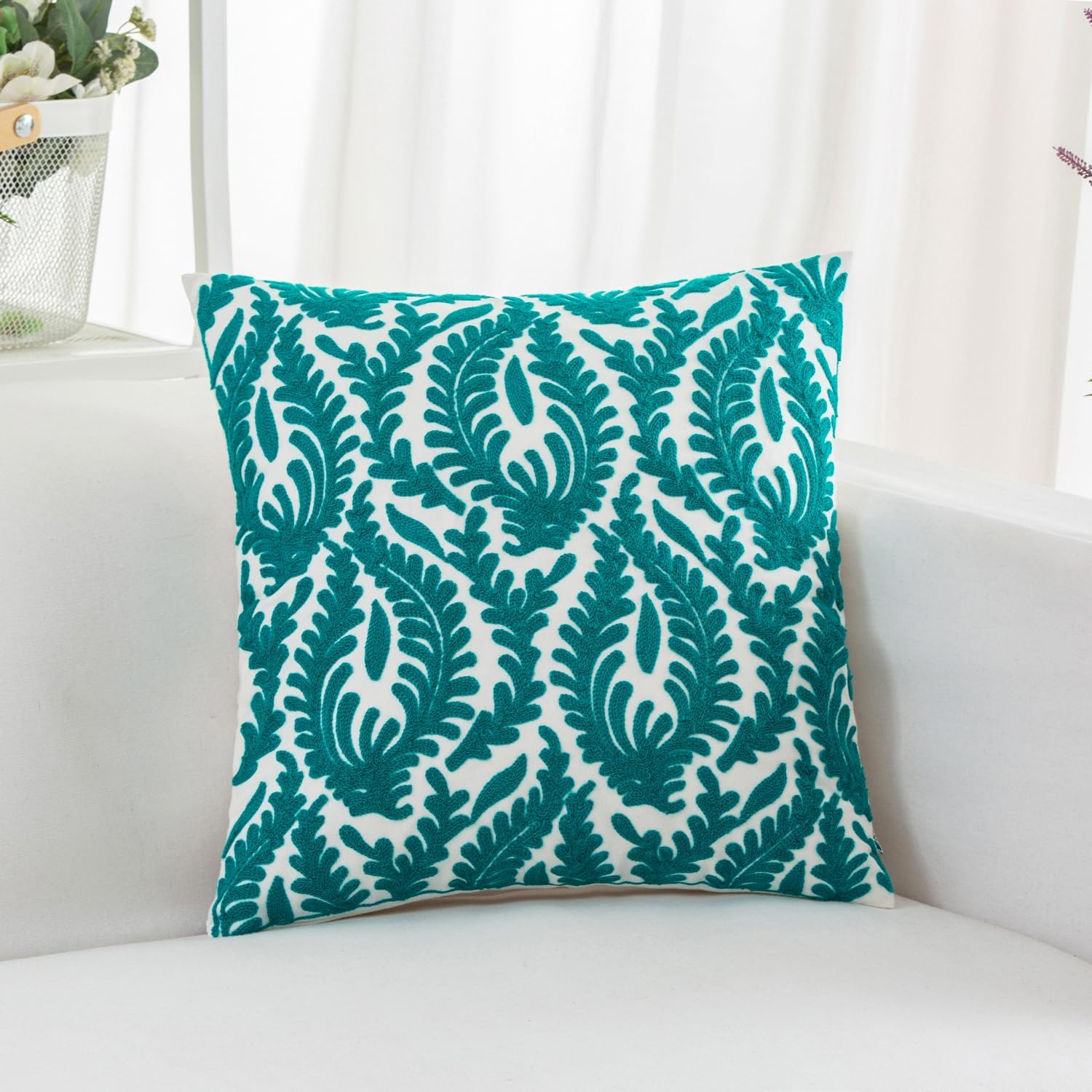 HWY 50 Teal Decorative Throw Pillow Covers 18x18 Inch (1 Piece), Embroidered Cotton Farmhouse