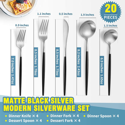 Matte Black Silver Silverware Set for 4,Modern Stainless Steel Brushed Cutlery Set,20-Pieces Heavy