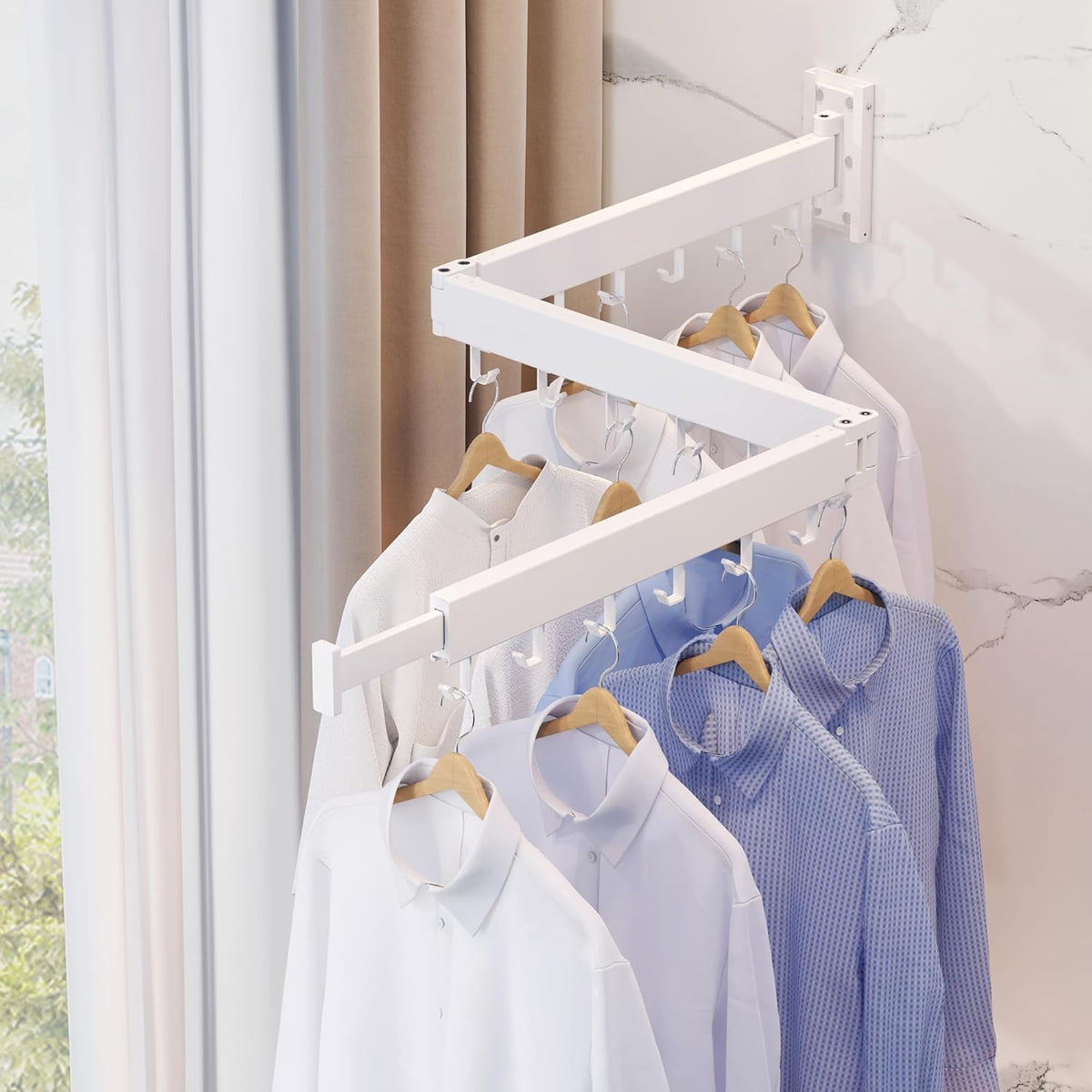 Clothes Drying Rack,Laundry Space Saver Wall Mounted,Retractable,Collapsible(Tri-Fold), White Color
