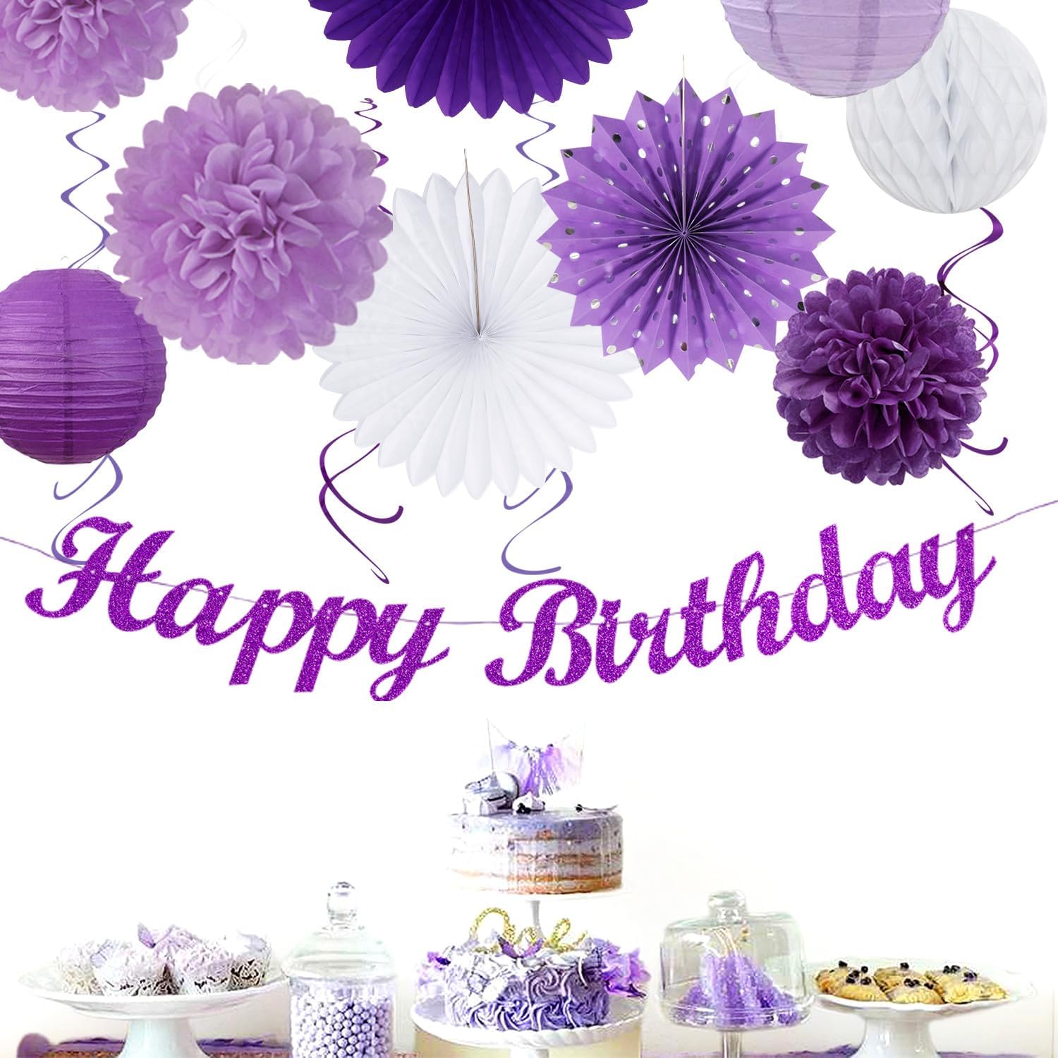 Purple Lilac-Lavender White Women Birthday Party-Decorations - 21pcs Happy Banner,Paper