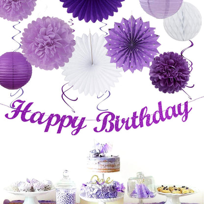 Purple Lilac-Lavender White Women Birthday Party-Decorations - 21pcs Happy Banner,Paper