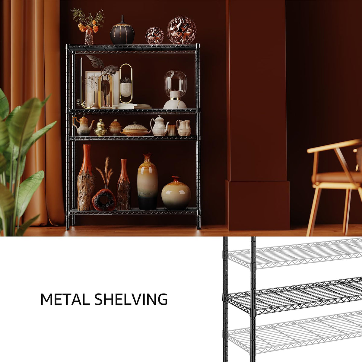 IZEUK 1400 LBS Garage Black Shelving Wide Storage Shelves 4 Tier Adjustable Heavy Duty Metal Wire