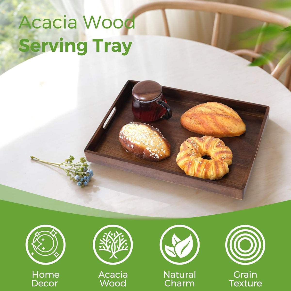 Acacia Wood Serving Tray with Handles, 17 Inch Wooden Tray for Ottoman, Breakfast, Lunch, Dinner