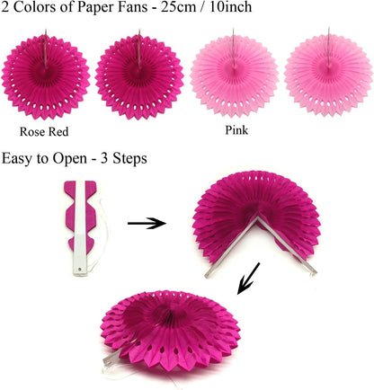 ZERODECO Party Decoration, 21 Pcs Pink Hanging Paper Fans, Pom Poms Flowers, Garlands String Polka