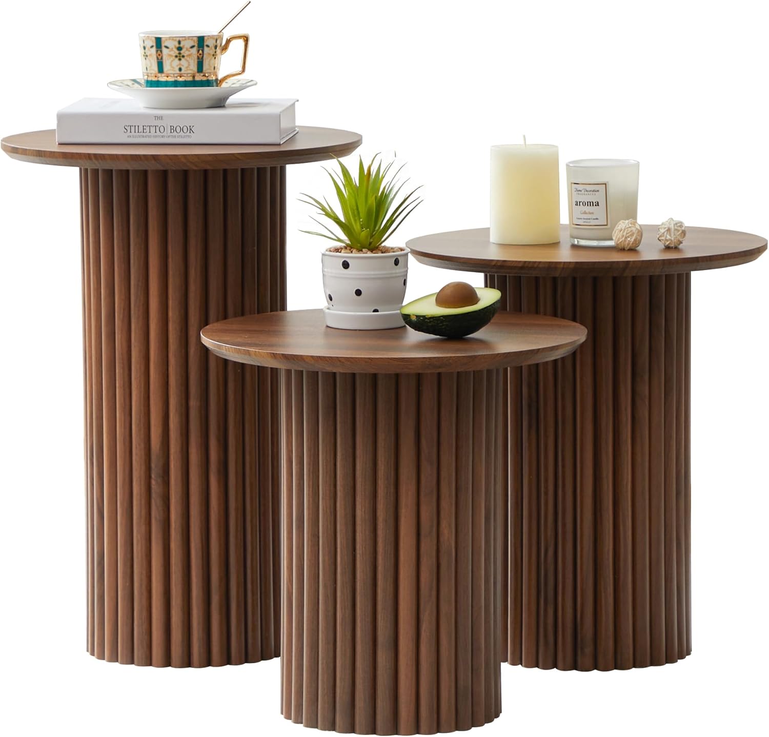 Round Nesting Coffee Table Set of 3,Mid Century Modern Fluted Coffee and End Table Set,Small Circle