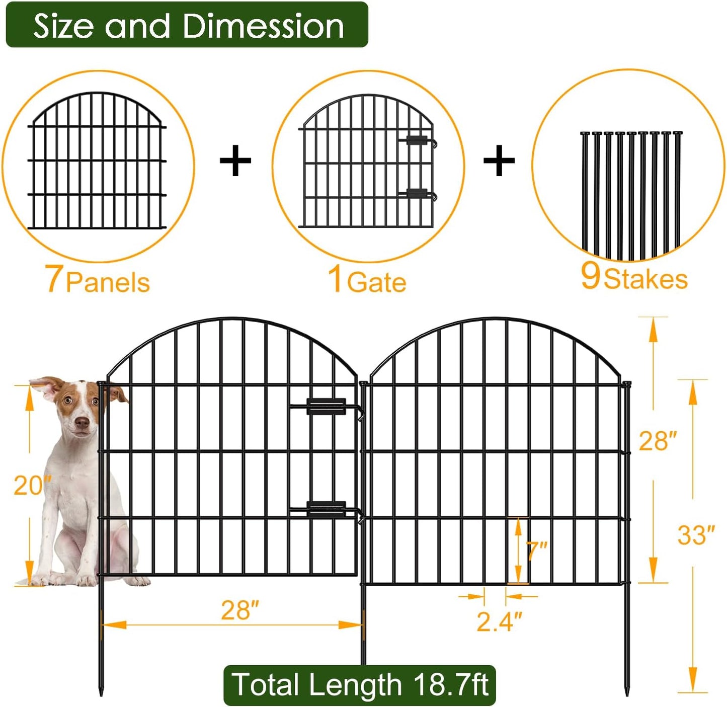 Metal Garden Fence with Gate 28in (H) x 18.7ft (L), 1 Gate + 7 Panels Dog Fence Border Fence Animal