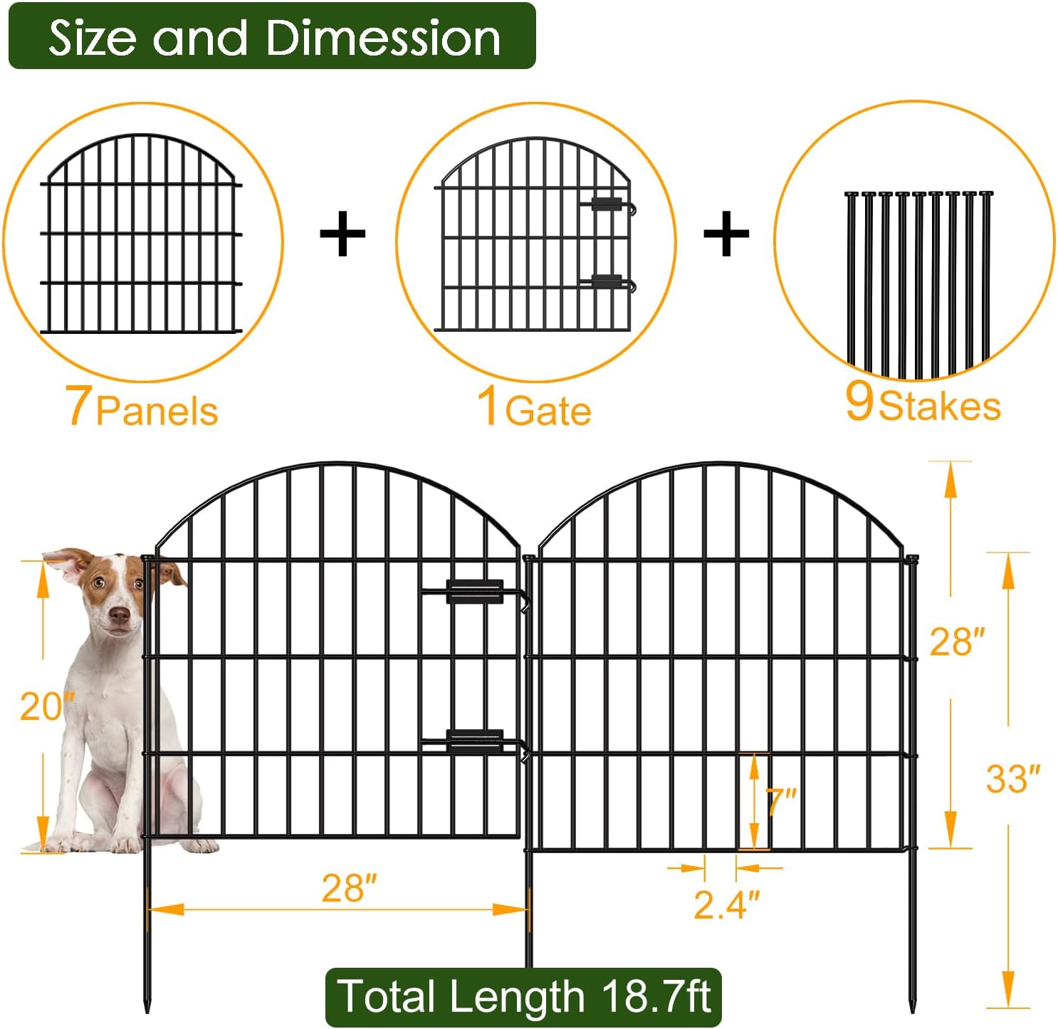 Metal Garden Fence with Gate 28in (H) x 18.7ft (L), 1 Gate + 7 Panels Dog Fence Border Fence Animal