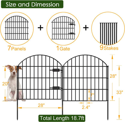 Metal Garden Fence with Gate 28in (H) x 18.7ft (L), 1 Gate + 7 Panels Dog Fence Border Fence Animal