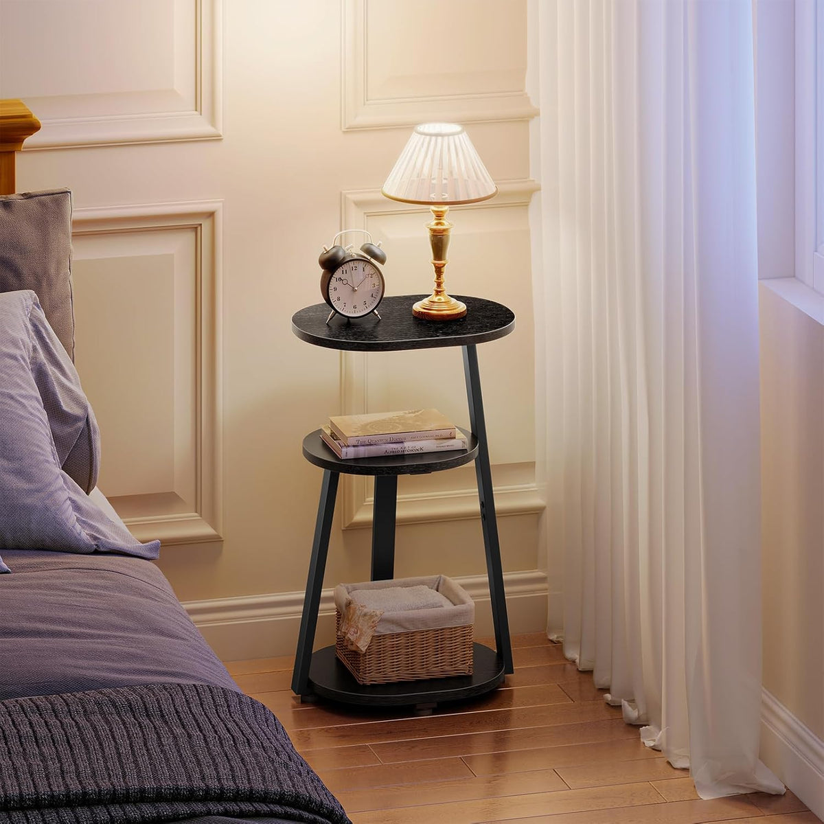 Side Table, Small End Table with Metal Frame, 3-Tier Bedside Tables, Round Side Tables for Living
