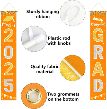 Graduation Decorations 2025 GRAD Banner Orange Porch Door Sign Welcome Banner For Indoor Outdoor