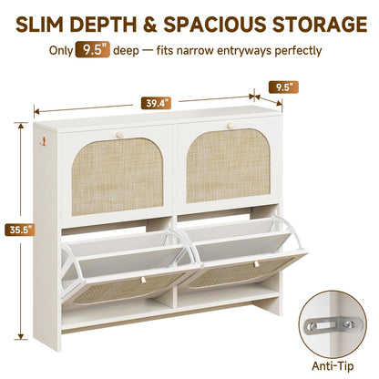 Nicetree Rattan Shoe Cabinet for Entryway, 9.5" Ultra-Thin Narrow Shoe Rack with 4 Flip Drawers