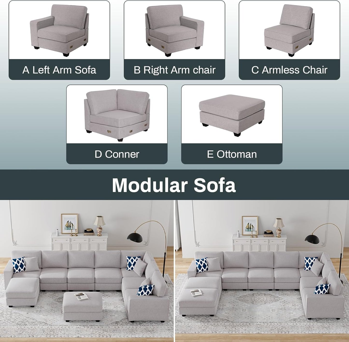 L Lengend Vansen Modular Sectional Sofa U Shaped Couch with Ottoman Modern Reversible Corner