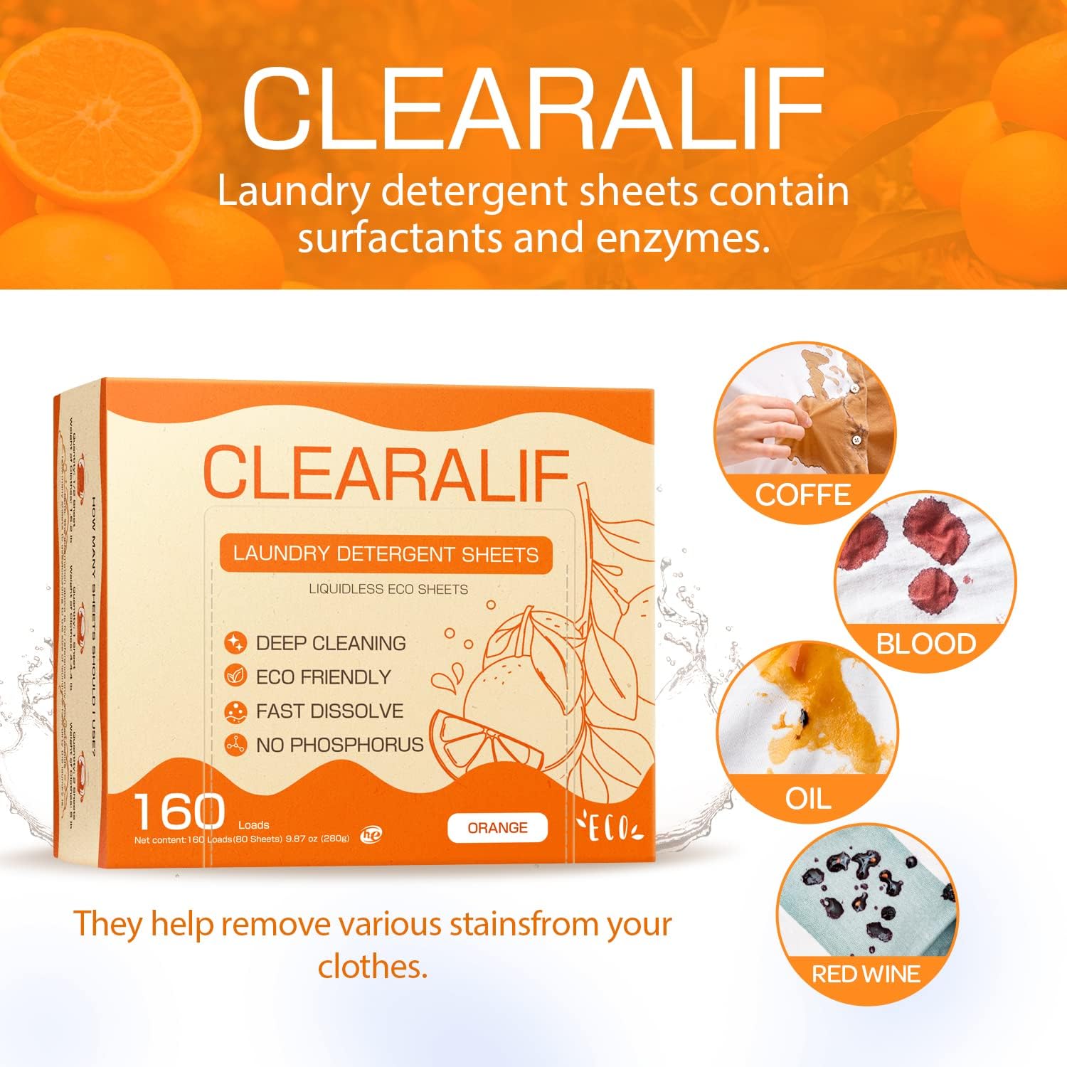 CLEARALIF Laundry Detergent Sheets Up to 160 Loads, Orange - Great For Travel, Apartments