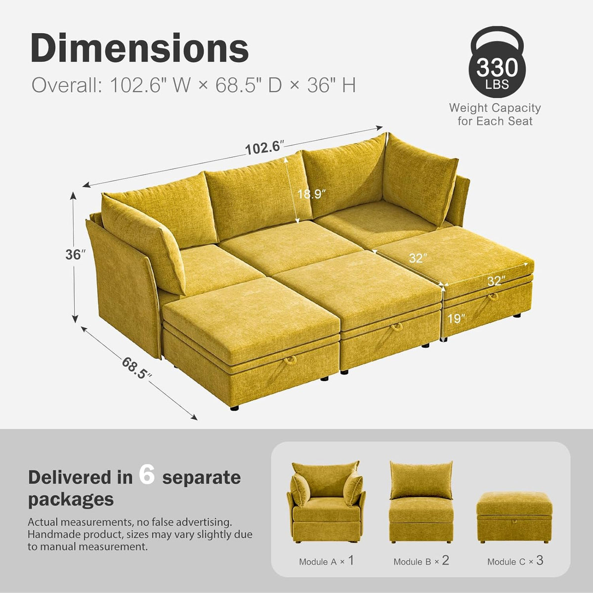 102.6" Luxury Modular Sleeper Sofa Bed 6 Seat Reversible Sectional Couch Deep Seat with Storage