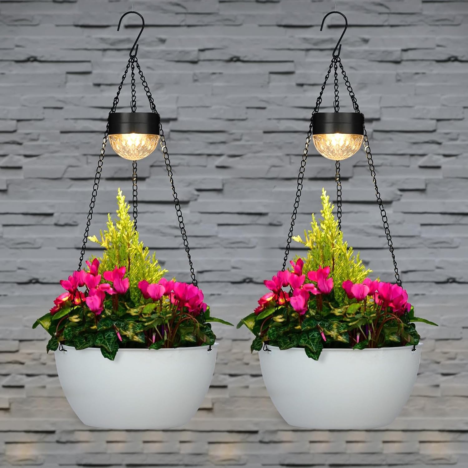 2 Packs Solar Hanging Basket Planters for Plants Outdoor, Self Watering White Flower Plants Pots