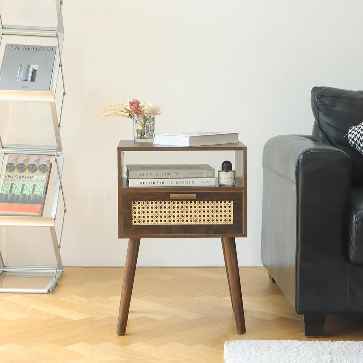 MaxSmeo Small Nightstand with Charging Station, Rattan Side Table Mid Century Modern Bedside Table
