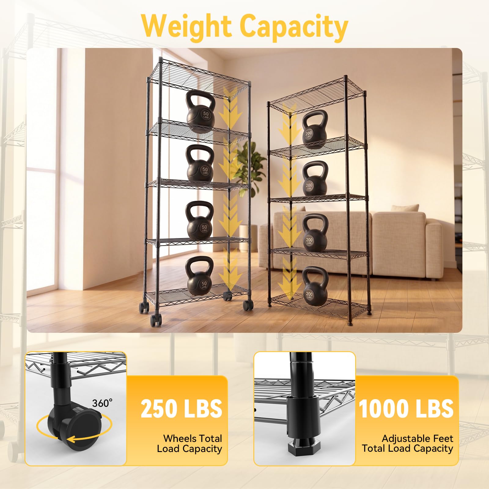 Whitmor 5 Tier Storage Shelves, Adjustable Metal Shelving with Wheels, 200 lbs Capacity per Shelf