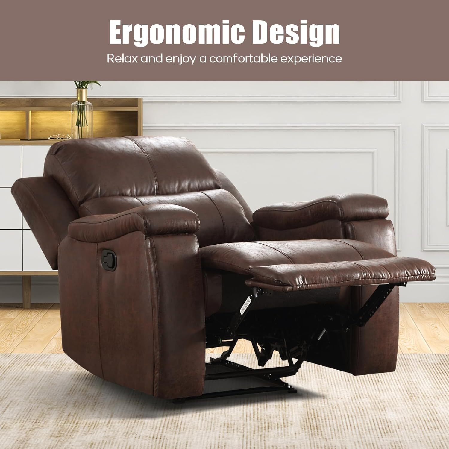 Brown Recliner Chair, Single Overstuffed Sofa Recliners, Breathable Faux Leather Manual Reclining