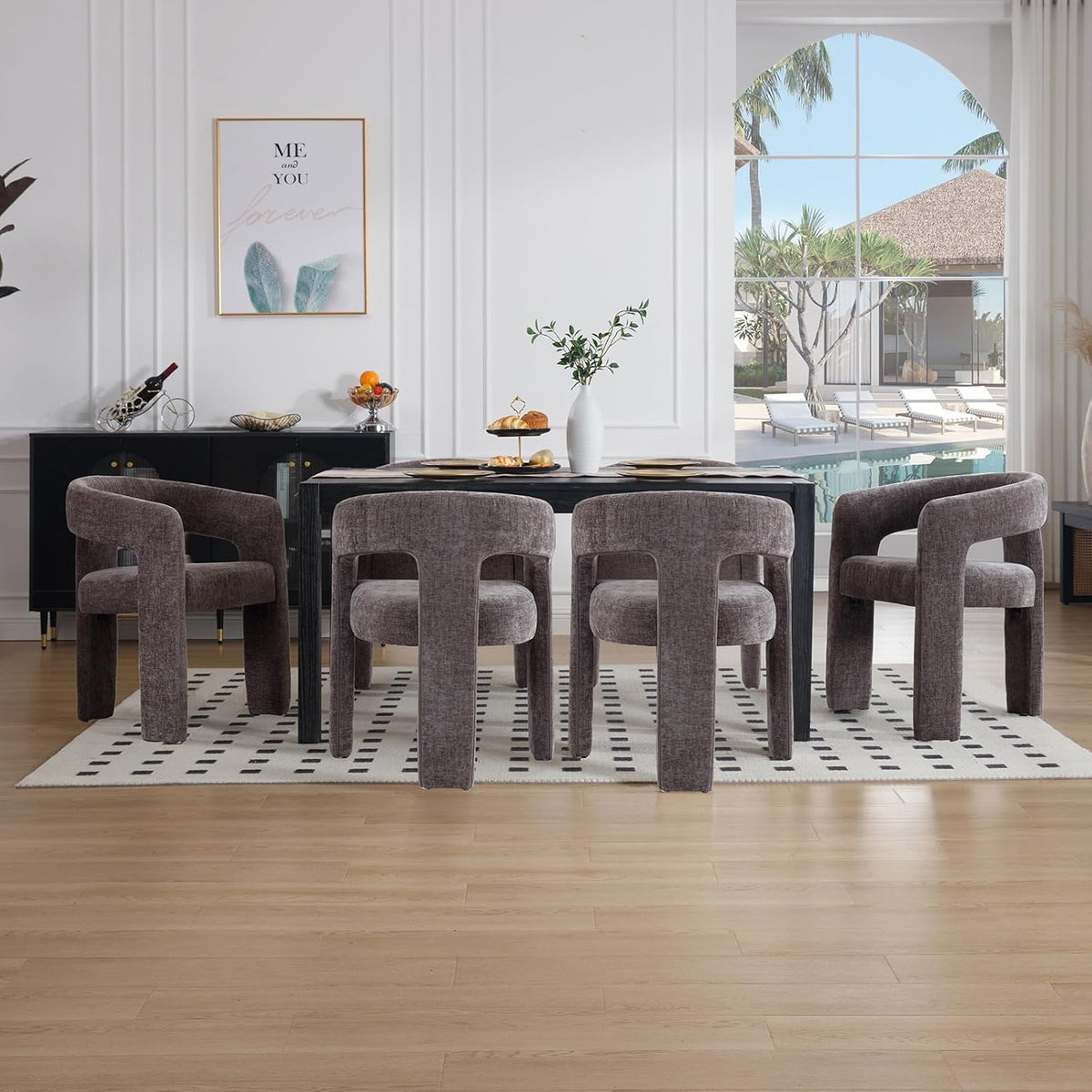 Charcoal Grey Chenille Dining Chairs Set of 4, Modern Barrel Dining Room Chairs Upholstered Accent