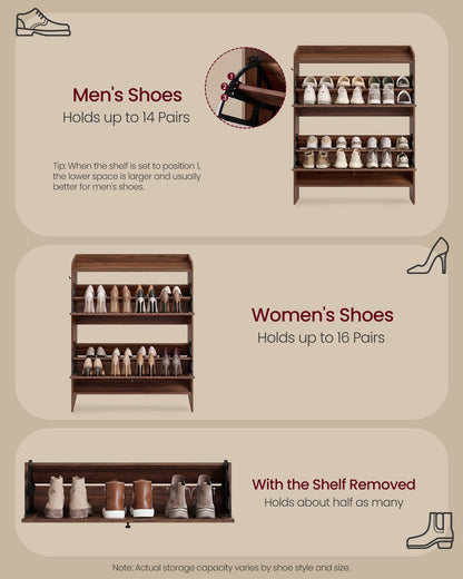 VASAGLE Shoe Storage Cabinet Organizer with 2 Flip Drawers, Freestanding Narrow Shoe Rack Cabinet