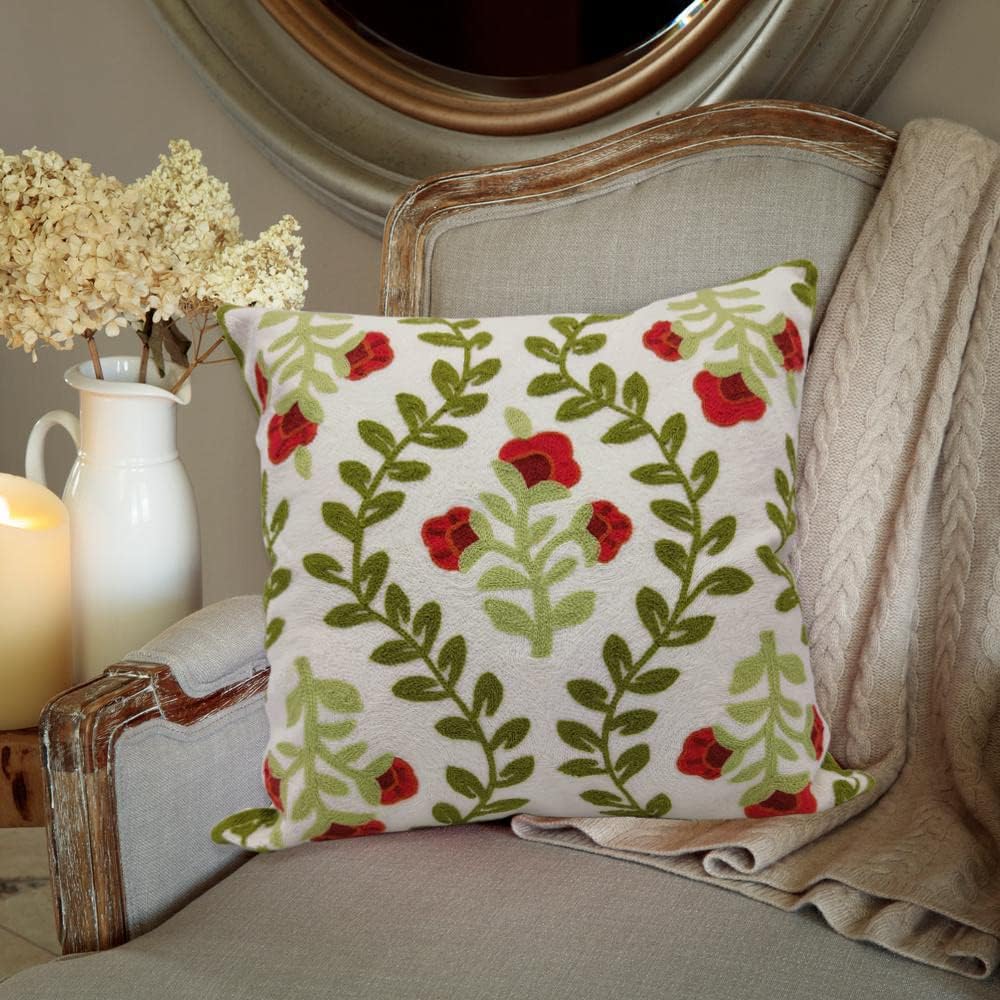 Alysheer Floral Embroidered Summer Decorative Throw Pillow Cover 18"x 18", Farmhouse Cottage Red