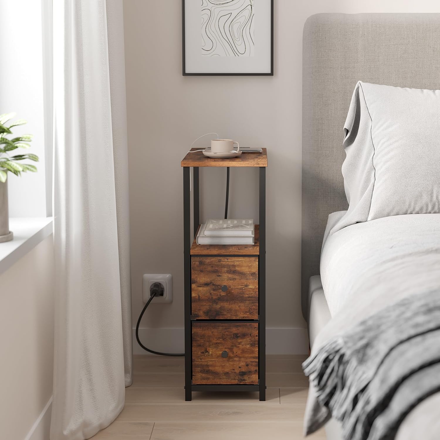 TUTOTAK Small Narrow End Table with Charging Station, Side Table with Outlets, Nightstand with 2