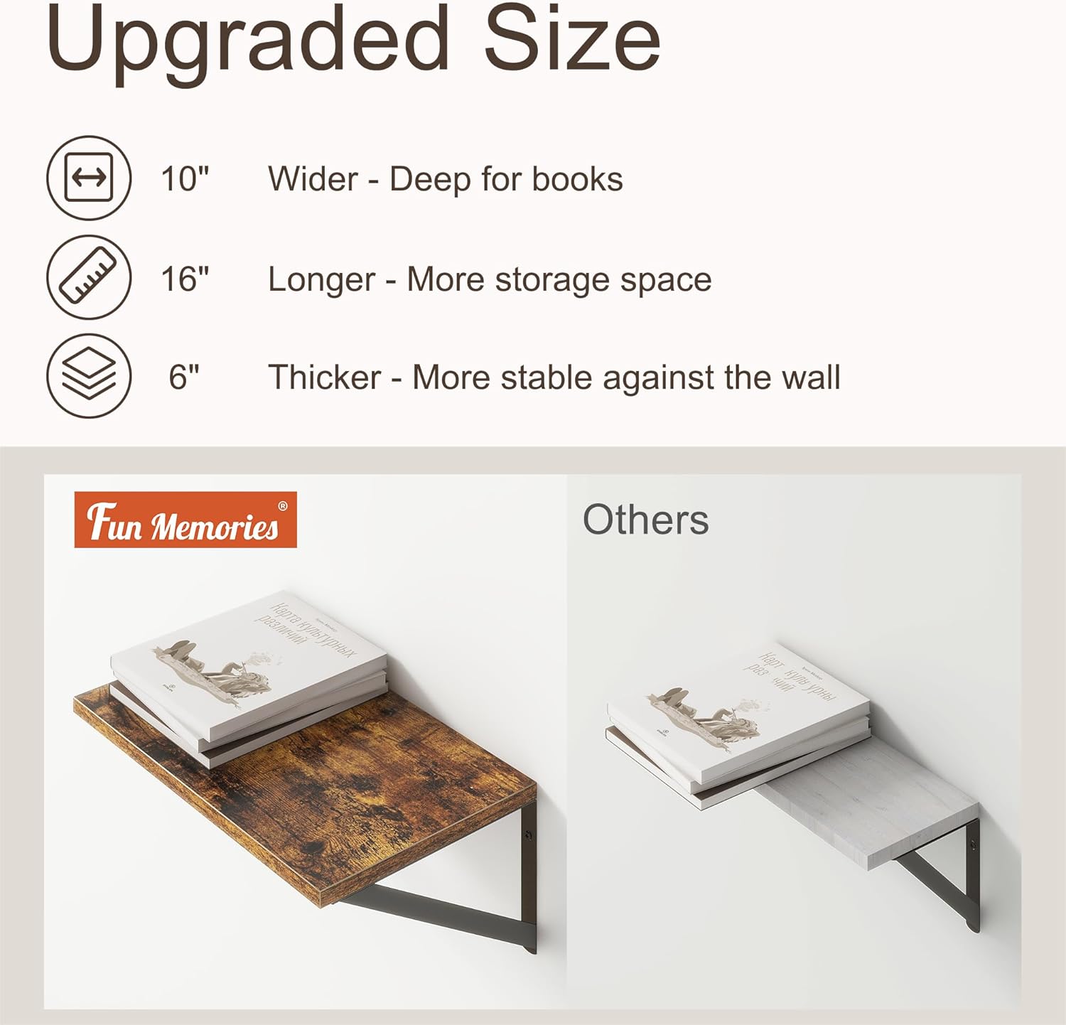 10 Inch Deep Floating Shelves, Floating Shelf 16 Inch Long, 16"W x 10"D Wall Shelves Set of 2, Deep
