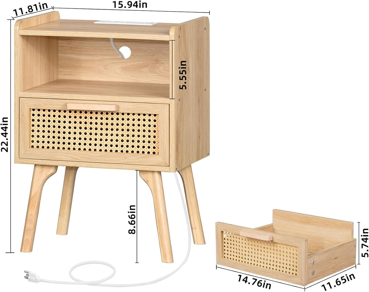 Lerliuo Rattan Nightstands Set of 2 with Charging Station, Boho Night Stand with Handmade Natural