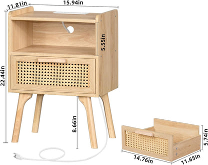 Lerliuo Rattan Nightstands Set of 2 with Charging Station, Boho Night Stand with Handmade Natural