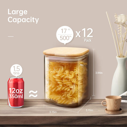 Square Glass Jars with Bamboo Lids 17 FL OZ [Set of 12], Glass Canisters with Airtight Lids, Glass