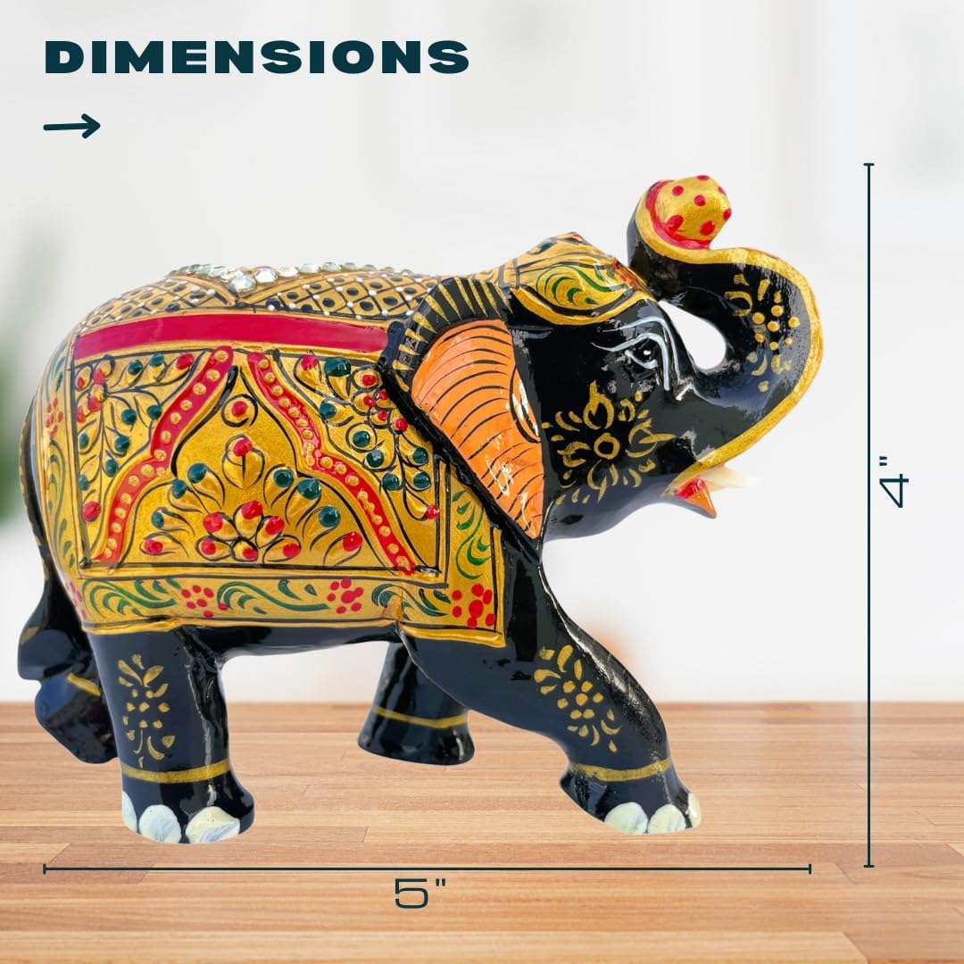 Handcrafted Wooden Elephant Figurine – Traditional Artwork, Gold & Gemstone Embellishments – Lucky