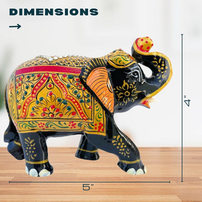 Handcrafted Wooden Elephant Figurine – Traditional Artwork, Gold & Gemstone Embellishments – Lucky