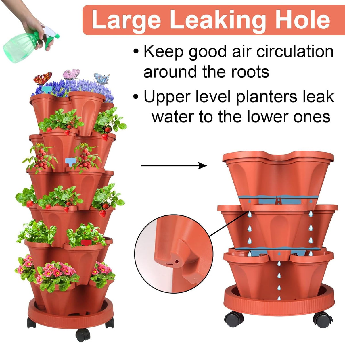 Vertical Planter, 6 Tier Stackable Strawberry Planter with Garden Tool Set, Movable Indoor/Outdoor