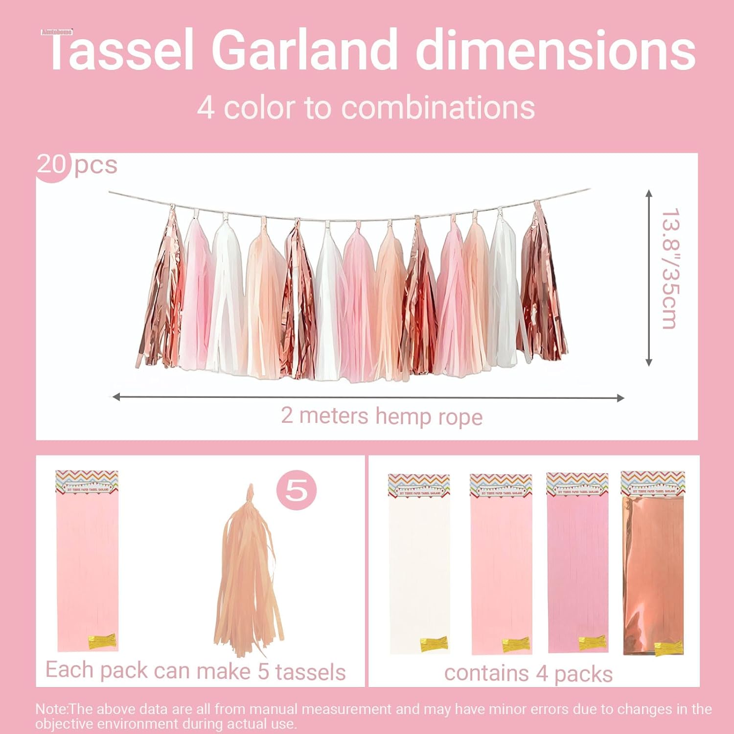 Rose Gold Peach White Pink Tassel Garland Banner, 20 Pack, Tassel Garland Party Decorations for
