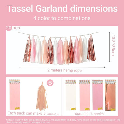 Rose Gold Peach White Pink Tassel Garland Banner, 20 Pack, Tassel Garland Party Decorations for