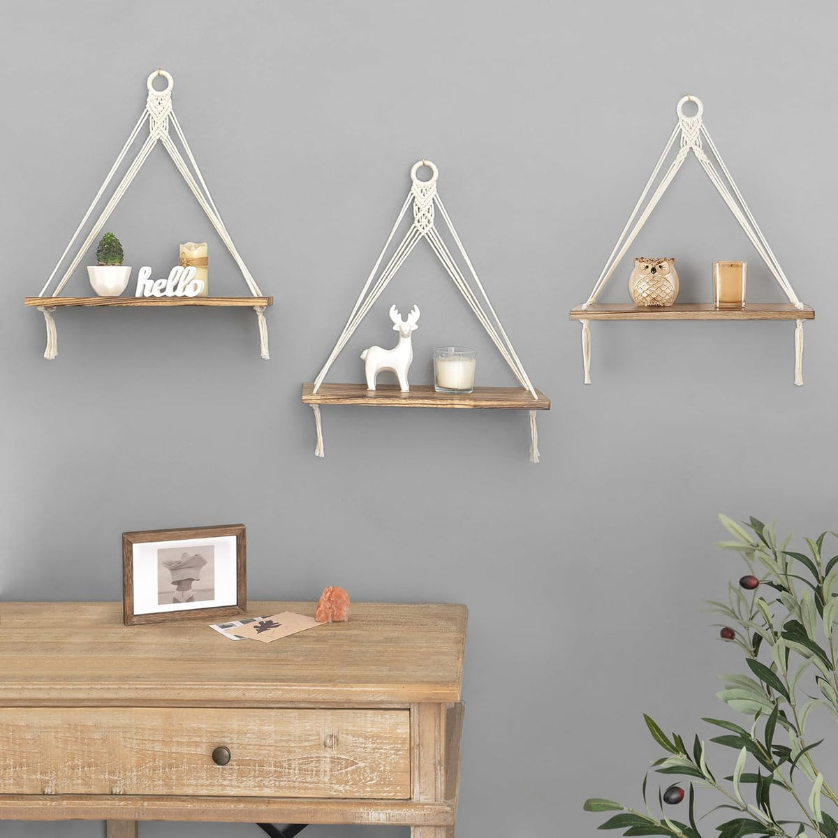 Mkono Macrame Hanging Shelves Boho Wall Decor Set of 3 Rustic Wood Floating Storage Shelf for