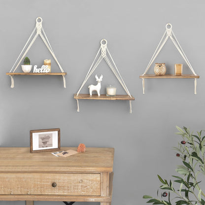 Mkono Macrame Hanging Shelves Boho Wall Decor Set of 3 Rustic Wood Floating Storage Shelf for