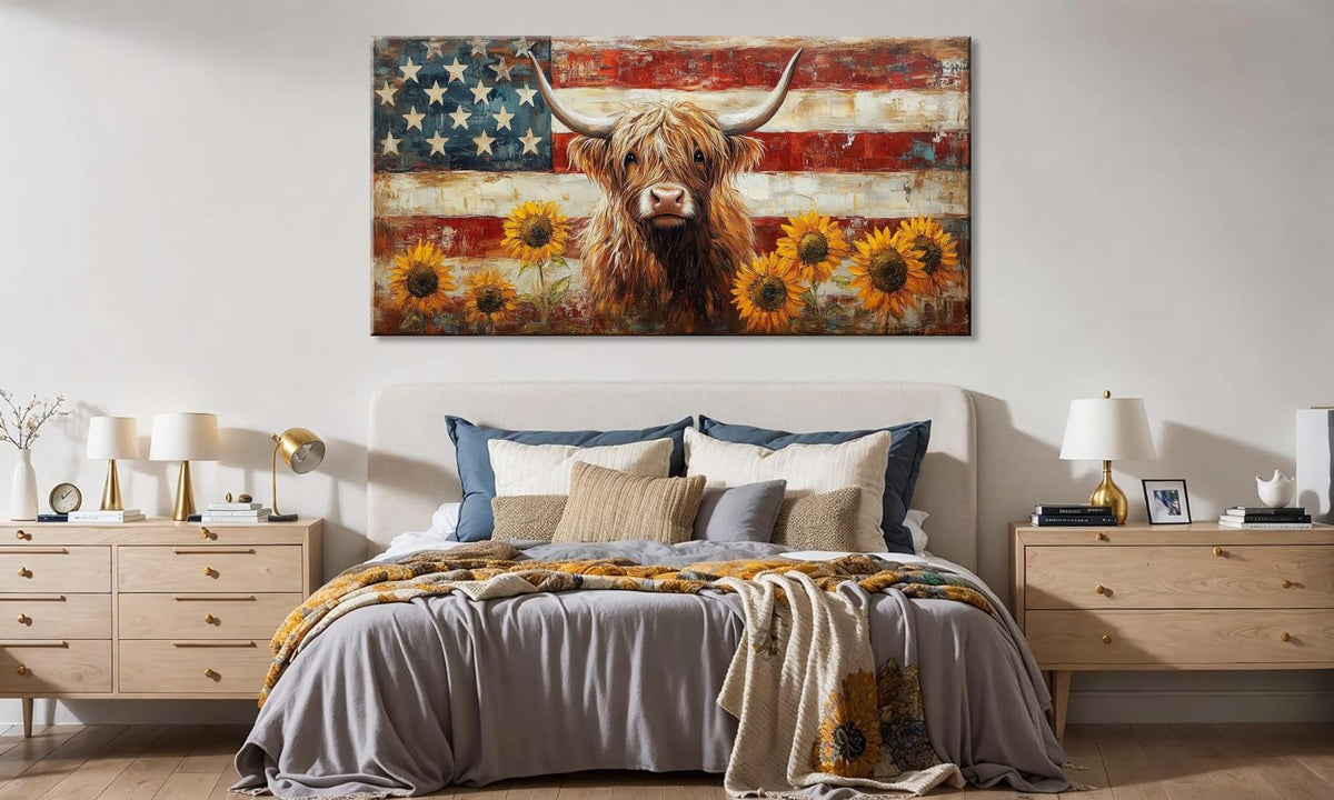 LASMOND Country Highland Cow Wall Art for Living Room Rustic Retro Vintage American Flag Sunflower