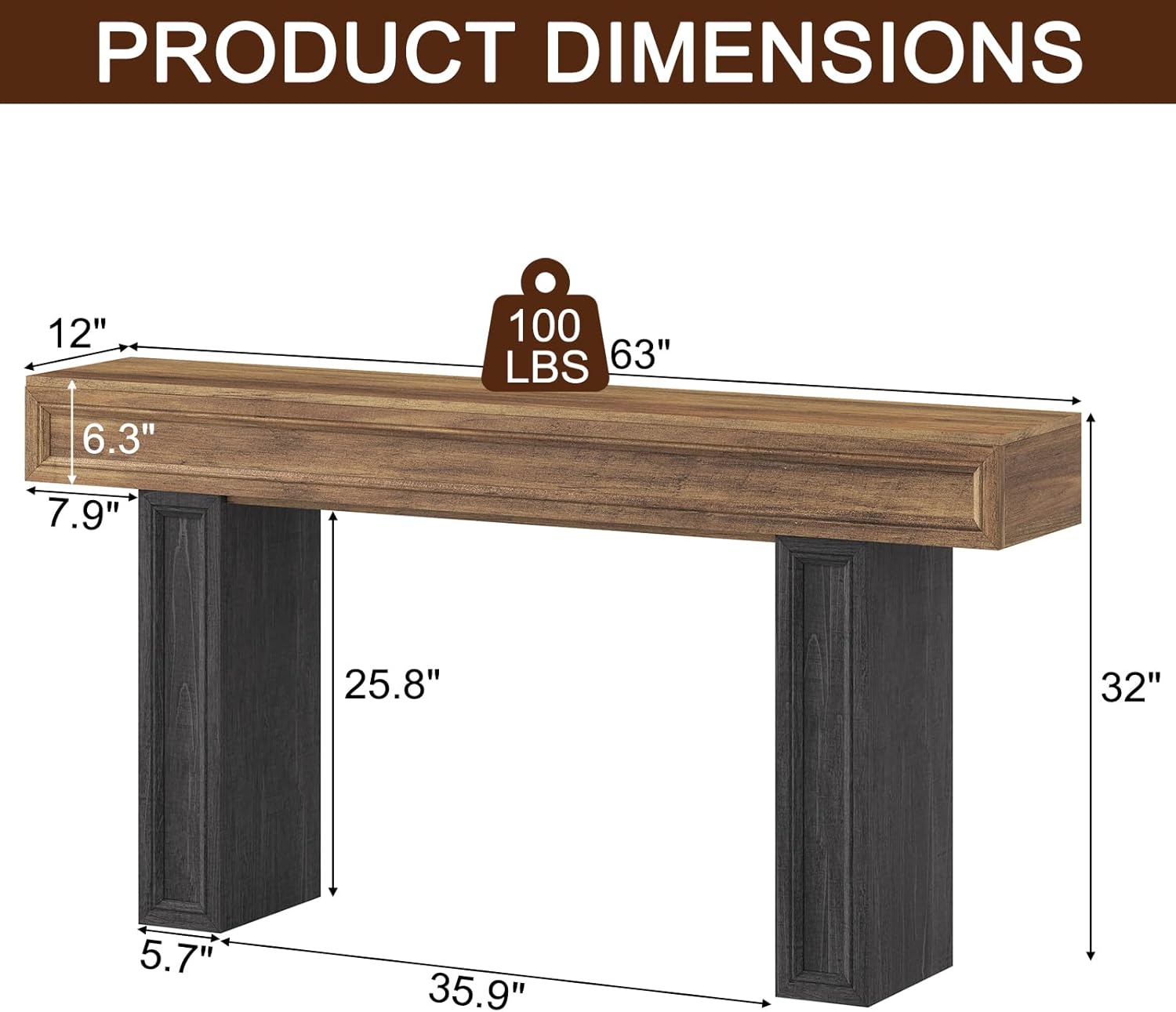 Rresyet 63 Inch Long Console Table, Sofa Table Behind Sofa, Wooden Entryway Table, Farmhouse