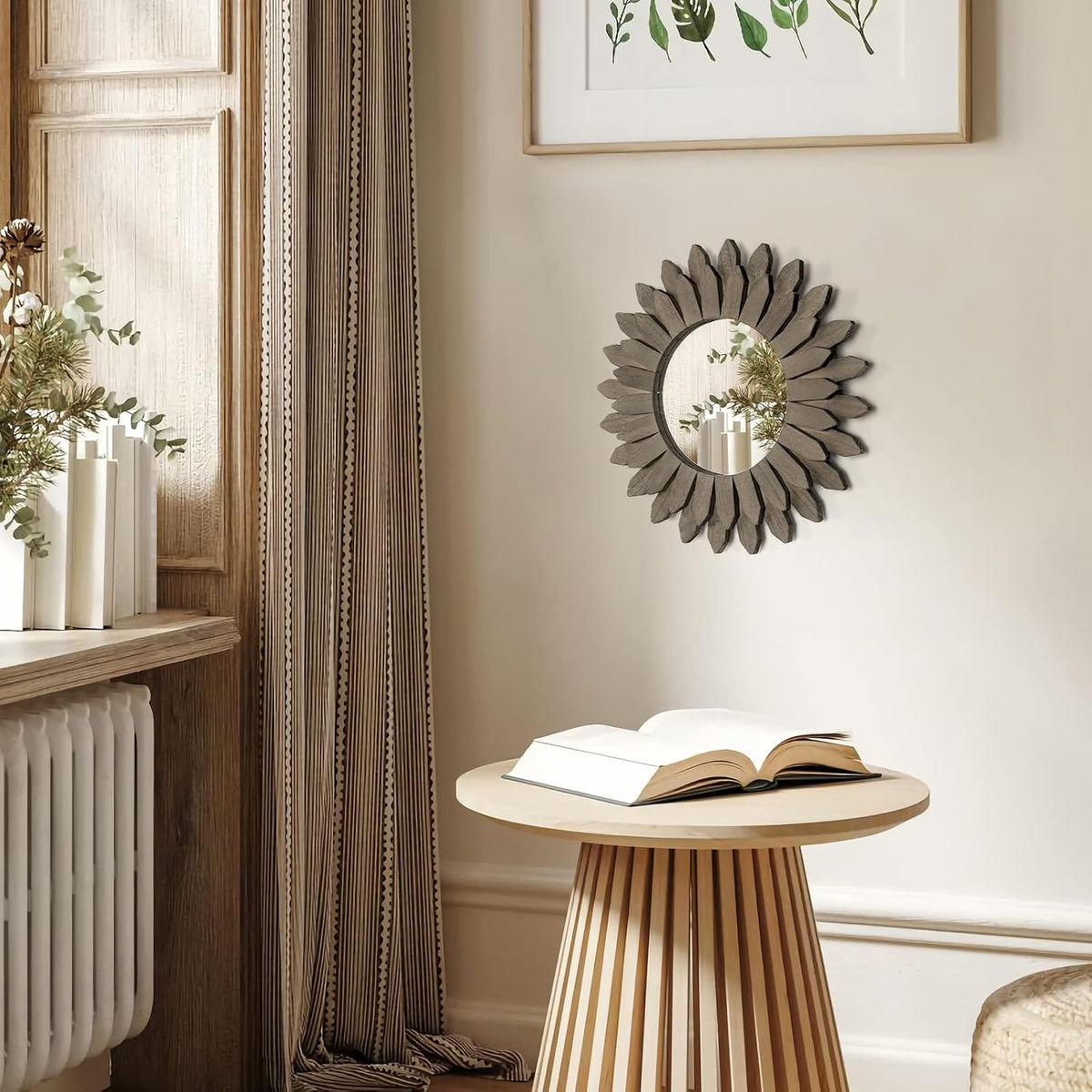 Honiway Farmhouse Wall Decor Mirror 12 inch Sunburst Boho Wood Mirror Rustic Home Decor Room